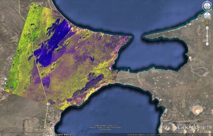 Imagen satelital del área afectada por el incendio del 27 de diciembre de 2016 en Puerto Lobos, región próxima a Puerto Madryn