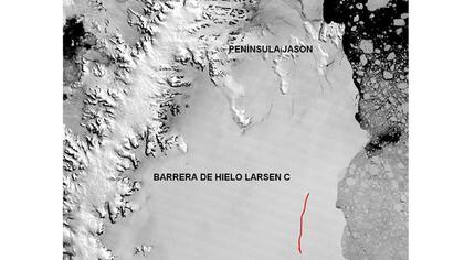 Imagen satelital del sensor Modis. La línea roja en el mapa representa el recorrido del sobrevuelo