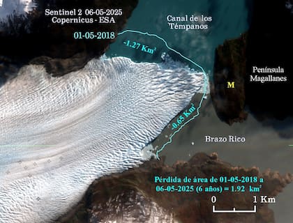 Imagen satelital del Sentinel 2 del 6 de mayo del 2025: la línea celeste indica el lugar donde se encontraba el glaciar en mayo de 2018