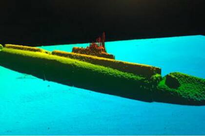 Imagen sonar del USS Grayback recostado en el lecho del mar, a unos 400 metros de profundidad