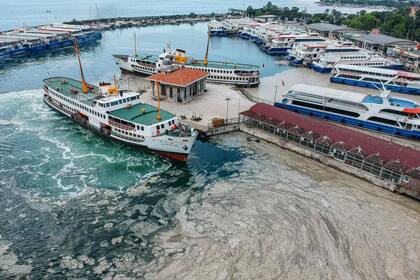 Imágenes de drones filmadas sobre el Mar de Mármara muestran transbordadores y barcos de carga cruzando puertos y agua de mar cubierta con la sustancia viscosa y grisácea que puede sofocar la vida marina