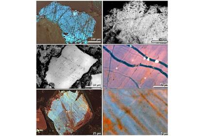 Imágenes de microscopio electrónico de numerosas pequeñas grietas en granos de cuarzo impactados