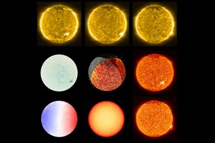 Vista de distintas fases del sol tomadas con Polarimetric y Helioseismic Imager (PHI) y Extreme Ultraviolet Imager (EUI) de la nave espacial Solar Orbiter