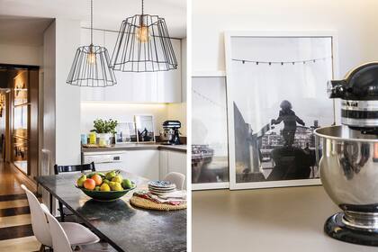 Bajo las alacenas, las luces de led embutidas ofrecen la iluminación necesaria para trabajar y realzan tanto los objetos de uso diario como la fotografía blanco y negro.