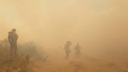 Los brigadistas en medio del incendio en Monte Comán, partido de General Alvear
