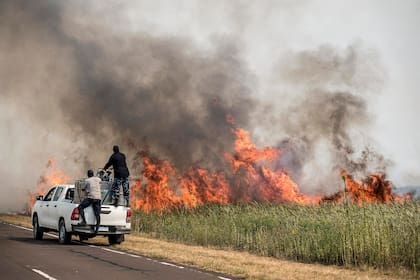 Incendios en campos, sobre ruta 5, cercanos a la ciudad de Corrientes. (Foto: Marcelo Manera/LA NACION)