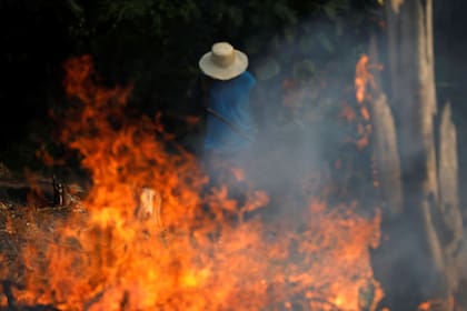 Un granjero camina entre las llamas que afectan a gran parte del Amazonas