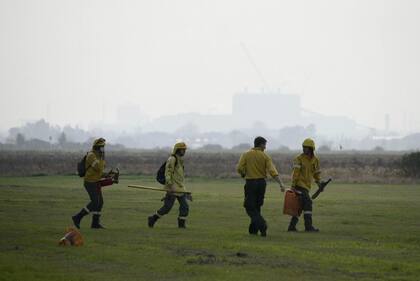 Brigadistas trabajan para apagar los incendios en el Delta, que hacen cubrir de humo la zona de San Nicolás y Villa Constitución