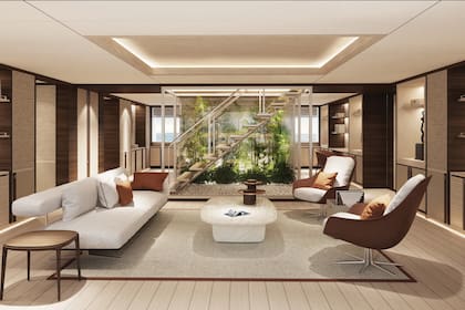 Incluye un cómodo salón que se conecta –mediante escaleras– con una de las piletas del yacht.