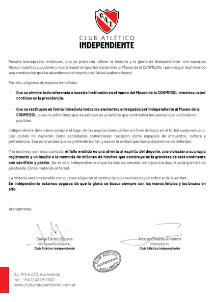 Independiente exige a Conmebol retirar su legado del museo tras fallo adverso (Fuente: X @Independiente)