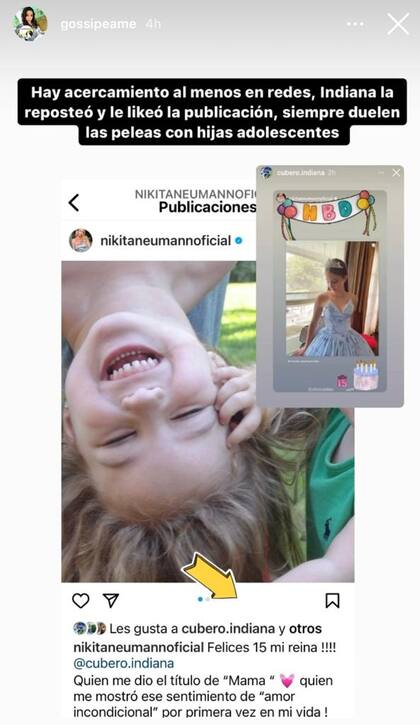 Indiana Cubero le puso Me Gusta al mensaje que le dedicó Nicole Neumann (foto: Instagram @gossipeame)