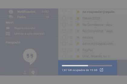 Indicador de almacenamiento usado en Gmail; está abajo a la izquierda, así que es probable que lo descubras recién ahora