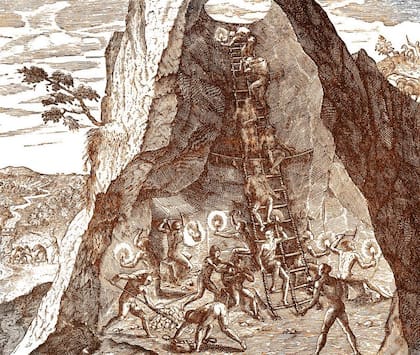 Indígenas trabajando en una mina en Potosí, Nueva España (ahora Bolivia). Grabado de Theodor de Bry, alrededor de 1590.