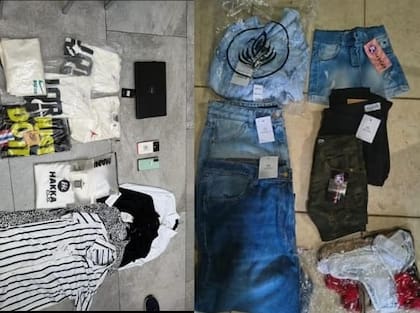 Indumentaria nueva con etiquetas y dispositivos electrónicos incautados en los domicilios vinculados a la banda