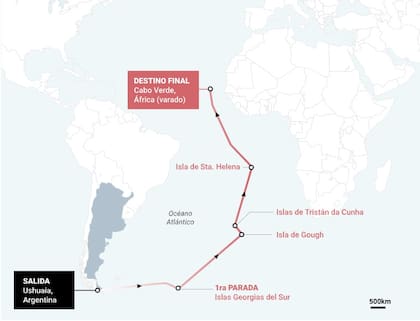 Infografía del crucero que salió de Ushuaia. Pasó por Islas Georgias del Sur, luego por la isla de Gough, Tristán da Cunha y Santa Elena. Su destino final era Cabo Verde, en África. El barco está varado en esas costas