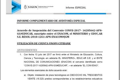 Carátula del informe complementario sobre la gestión anterior del Ministerio de Educación que terminó la Sigen en junio pasado.