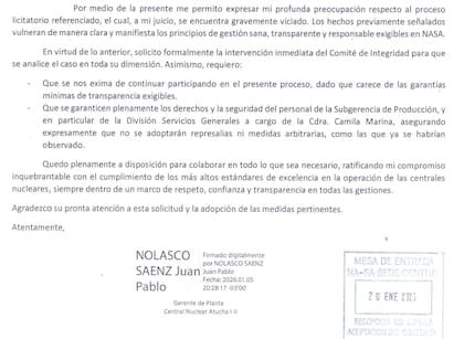 Informe del gerente de Planta de las centrales Atucha I y II, Juan Pablo Nolasco Sáenz