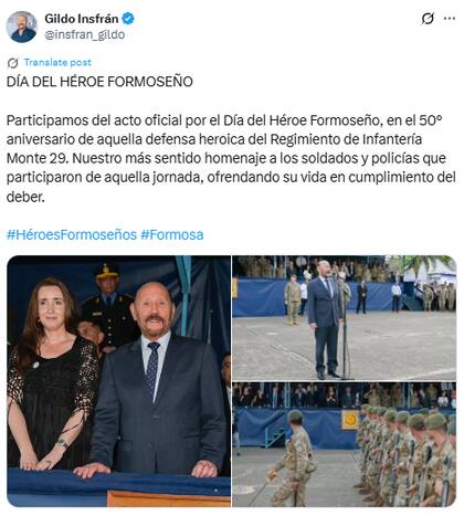 Insfrán compartió en sus redes sociales imágenes del encuentro con Villarruel (Fuente: @insfran_gildo)