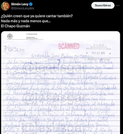 Insinúan que "El Chapo" quiere pactar con Estados Unidos luego de mandar una carta (X @SimonLevyMx)