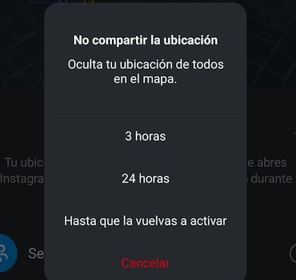 Instagram da la opción de compartir la ubicación con un límite de horas de 3 a 24
