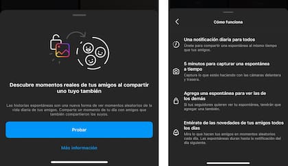 Instagram presentó una nueva función, "Historias espontáneas", similar a una que ofrece BeReal, con publicaciones hechas con la cámara frontal y trasera del teléfono en simultáneo