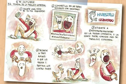 Instrucciones para la iniciativa de sacar una foto del pie izquierdo para subir a las redes por el día mundial de la parálisis cerebral. Ilustración Andrés Miguens