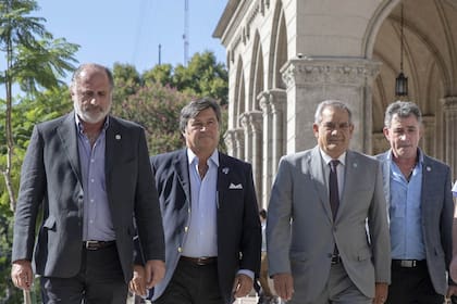 Jorge Chemes (CRA), Daniel Pelegrina (FAA), Carlos Iannizzotto (Coninagro) y Carlos Achetoni (FAA). El campo evalúa cómo seguir la medida de fuerza