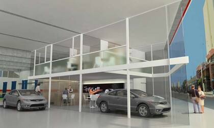 Interior de la concesionaria Hond,a, proyectada en Belgrano por el estudio Carlos Cottet