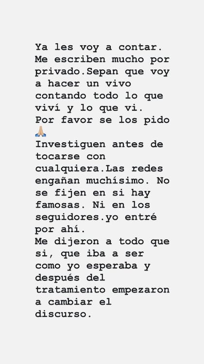 "Investiguen antes de tocarse con cualquiera, las redes engañan muchísimo" (Instagram, Eliana Guercio)