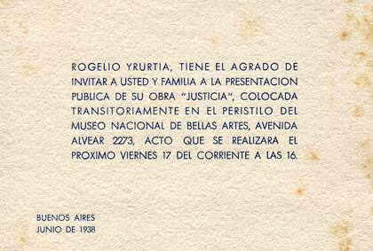 Invitación enviada por Rogelio Yrurtia para la presentación pública de su obra "Justicia", en junio de 1938.