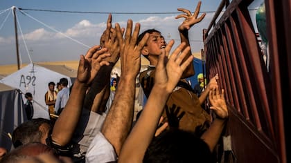 Iraquíes desplazados de la ciudad de Mosul a un campo de refugiados en Kurdistán se abalanzan sobre un camión que reparte alimentos