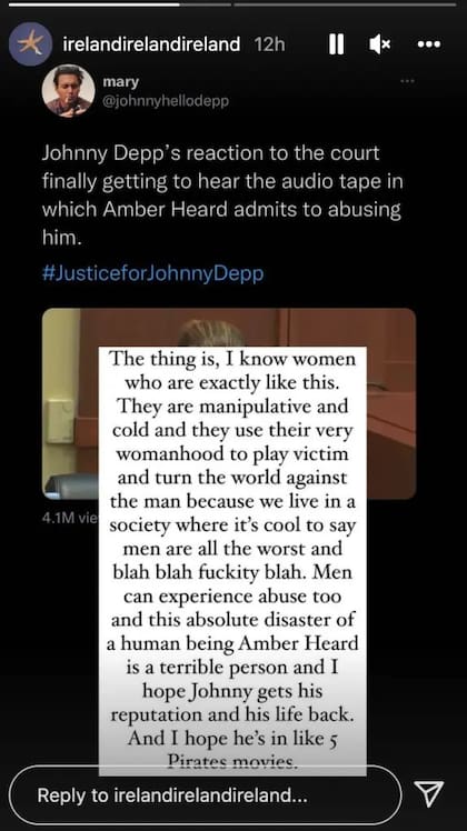 Ireland Baldwin compartió en su cuenta de Instagram un contundente mensaje con el que refleja su postura en el juicio entre Johnny Depp y Amber Heart
