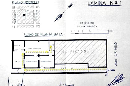 El plano de la vivienda dibujado por los peritos, con la ubicación del baño señalada con una línea de puntos