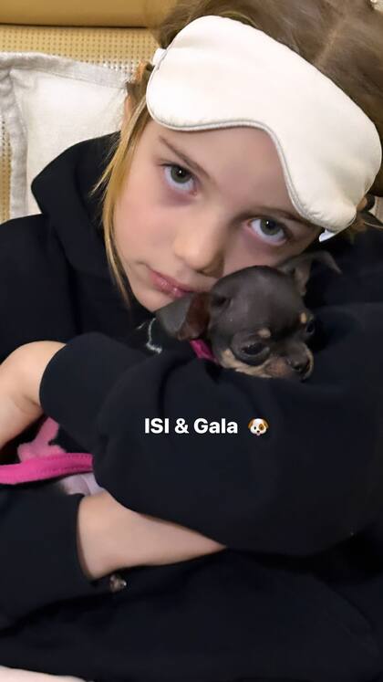 Isabella con su antifaz para dormir en el avión con su nueva perrita en brazos (Foto: Instagram @wanda_nara)