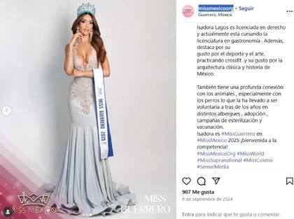 Isadora Lagos fue nombrada Miss Guerrero en 2024 y participaría en el certamen de belleza nacional este 2025 (Instagram/@missmexicoorg)