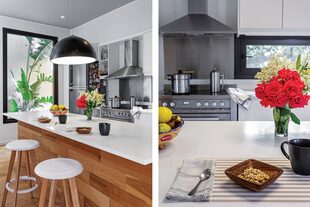 Isla central con base de madera recubierta con roble de Eslavonia (Patagonia Flooring) y tapa de silestone blanca. Alacenas y muebles bajo mesada de madera laqueada brillante; mesada de Corian. Piso prefinished con tratamiento de hidrolaqueado.