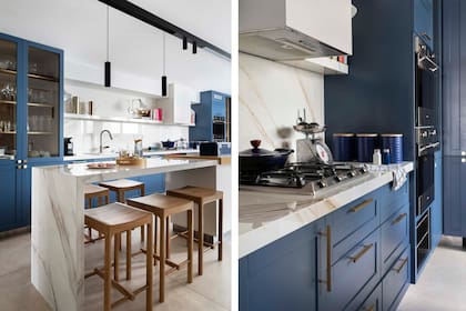 Isla de Calacatta 'Gold Lux' de ABK Stone por Marmoleria Baremes y varillado laqueado en blanco (Diseño Italiano). Banquetas (Larralde-Spelzini), lámparas de techo (Eurolamp). Abajo de los dos hornos hay un sector de enfriado.