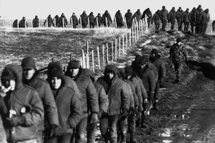 Soldados argentinos son escoltados por soldados británicos después de rendirse el 2 de junio de 1982 cerca de Goose Green durante la guerra de las islas Malvinas 
