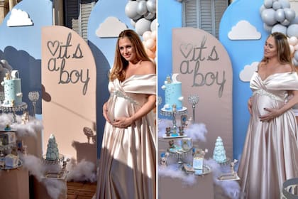 "It's a boy": Belén Francese celebró su baby shower con un vestido de escote corazón y su cabello suelto para completar el look