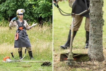 Izq: Al usar motoguadaña, no olvidar guantes, botas, delantal, máscara y protectores auditivos. Der: Modo correcto de pasar alrededor de un tronco, sin lastimar la corteza