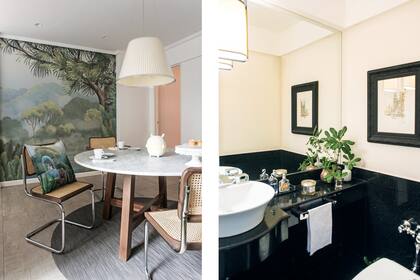 Mural ‘Vietnam’ (Sofía Willemoës). Alfombra 'Ronchamp' (Vanina Mizrahi). Mesa (Estudio Didot), sillas 'Cesca' (Casa Thonet) y lámpara (Iluminación Agüero). El toilette, revestido en granito negro hasta media altura.