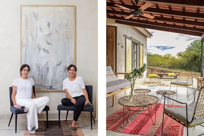 Izq: Ana y Malena López Sanabria frente a una obra de Verónica García, artista que difunden en su local de Salta. Der: Sillas de tiento (Malena Ana) con almohadones de Hilandería Warmi y mesas de una feria artesanal de Salta. Al fondo, sillones ‘Cuenco’ del estudio cordobés En Bruto.