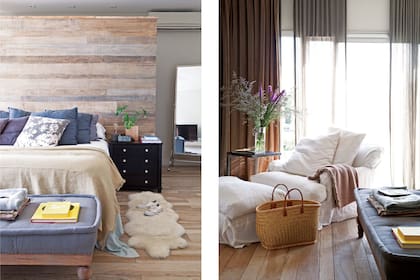 Izq.: Banqueta ‘Aaron’, corderito, mesa de luz ‘Alvear’ y espejo de pie. Der.: Sillón ‘Madeleine’ con funda de lino y mesita auxiliar de chapa modelo ‘C’ (todo de Paul French Gallery). Arreglo floral (Otra Sudestada)