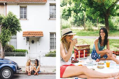 izq.: descanso en una vereda del Barrio Cortázar. Der.: picnic en la Feria.