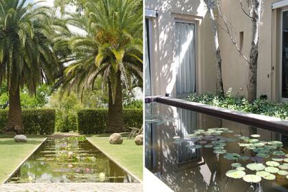 Izq.: el agua es pieza fundamental de este sector del jardín contenido por cercos vivos. Der.: La sombra de los alamos aporta movimiento y cambio de luces en el agua de este estanque.