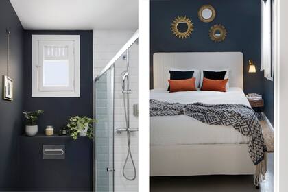 Izq.: El baño comparte el gris del resto y, tal como pasó en el comedor, está acompañado por blanco para iluminar el espacio. Der.: Espejos (Zara Home). lámpara de bronce (Maisons du Monde). Manta de cashmere (H&M Home).