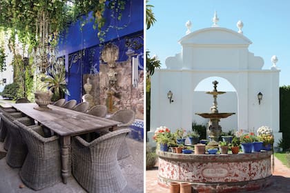 Izq.: El comedor al aire libre, uno de los rincones favoritos de Roggerone pintado de azul ultramar con pigmentos traídos desde España. Una fuente con macetas retoma el azul de otros sectores del jardín.