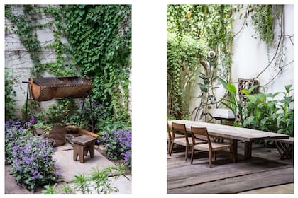 Izq.: El rincón de la parrilla con solado de losetas de cemento. Der.: Comedor al aire libre.