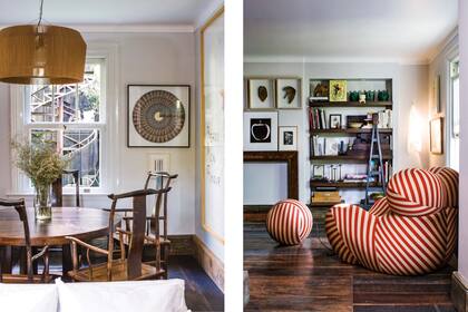 En el comedor, mesa (Pablo Ledesma), sillas (Lejano Oriente) y vista a la torre que aloja el estudio. Obras Eduardo Hoffmann y Sébastien de Ganay. Lámpara colgante (Net). El protagónico del living es para el sillón ‘Up’, clásico del diseñador italiano Gaetano Pesce.