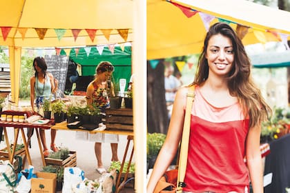 Izq.: en la feria encontrás de todo. Der.: Mariana Brito (28 años, técnica en Floricultura): Me gusta comprar la verdura fresca de temporada en la feria de Agronomía, es riquísima y libre de agroquímicos. Si vas bien temprano, mejor, porque hay más variedad.
